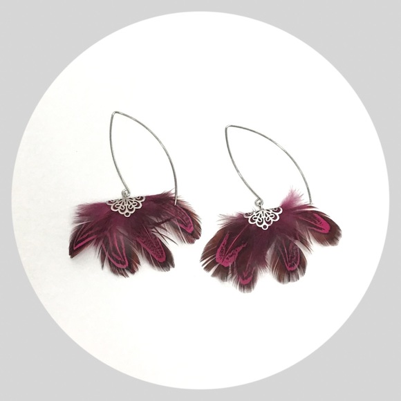 Pizzazz Emporium Jewelry - Silver & Burgundy/Wine Feather Drop Earrin…